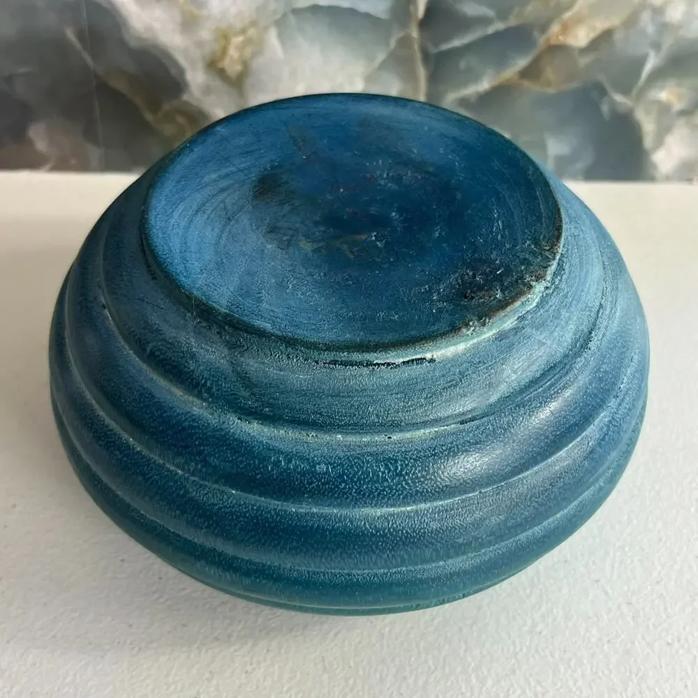 Vintage Lathe Turned Wooden Trinket Box with Lid Ombre Blue Teal